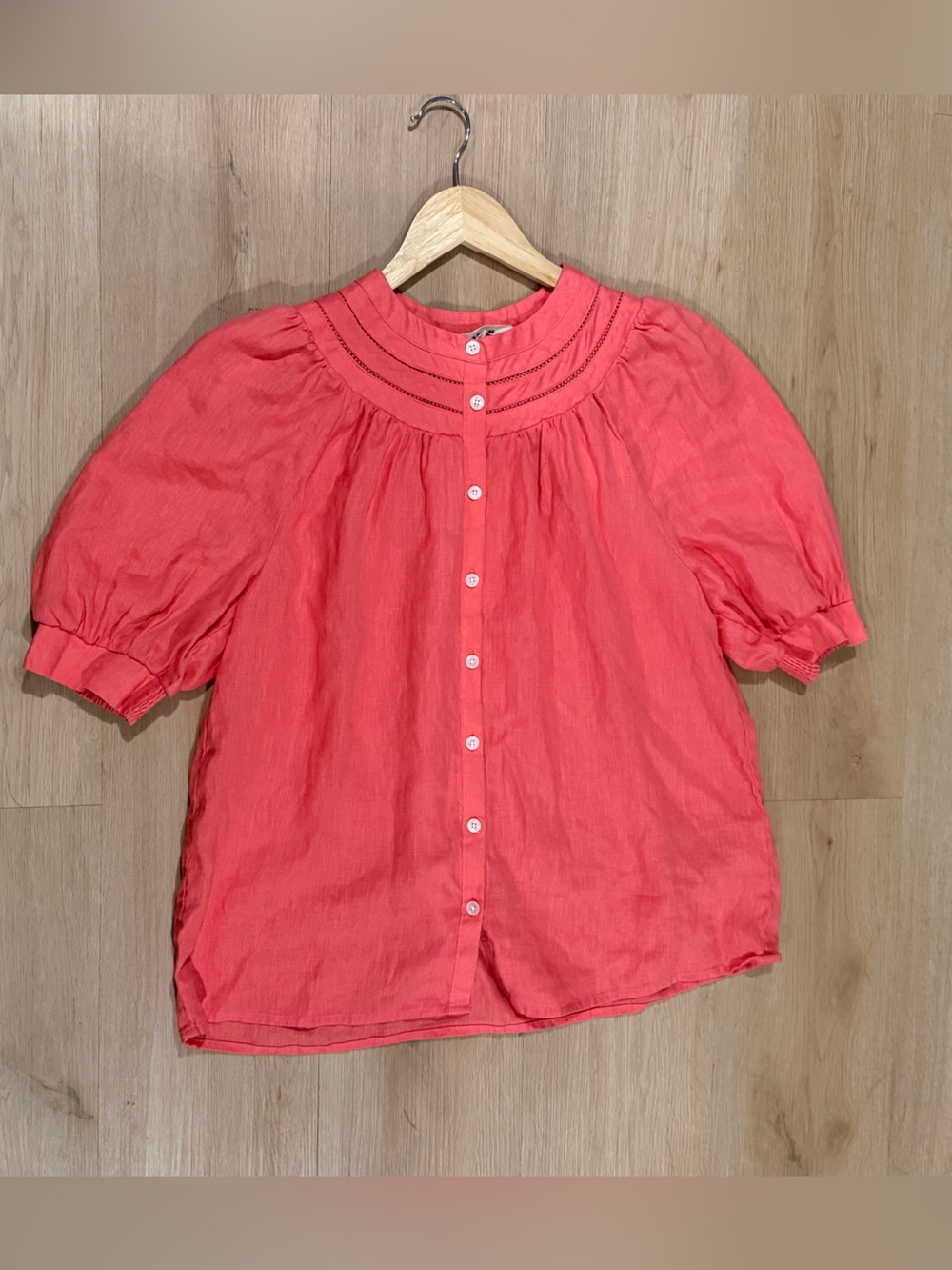 Boden Bea Linen Blouse T1786 Pink Puff Sleeve Tunic Blouse Top US 10 UK 14